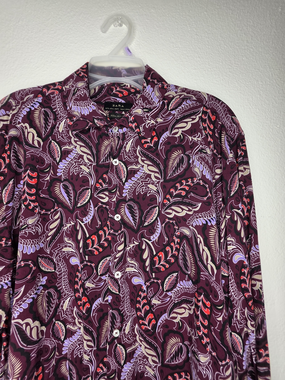 ZARA Regular Fit Woven Button-Up Collared Long Sleeve Purple Paisley XL